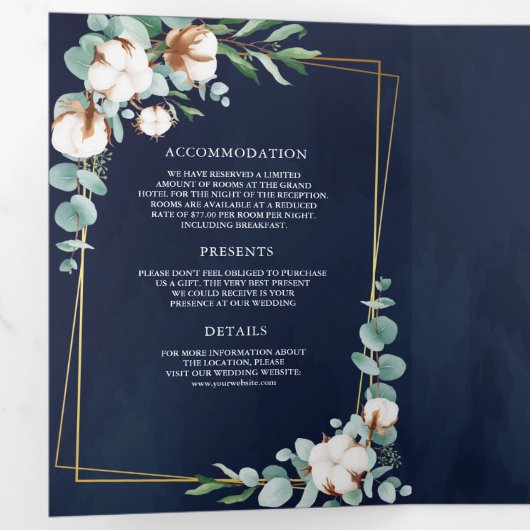 Rustic Gold Cotton Eucalyptus QR Code Navy Weddens Drieluik Uitnodiging (Binnenzijde eerst)