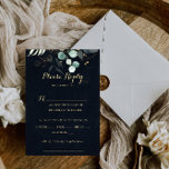 Rustic Gold Floral Mariage Blue Menu Choix RSVP<br><div class="desc">Ces cartes de choix à la carte rouge à fleurs d'or rustique sont parfaites pour un mariage simple. Cette conception artistique présente des feuilles d'or dessinées à la main et des feuilles d'eau vert eucalyptus dans un arrière - plan bleu foncé,  inspirant beauté naturelle.</div>