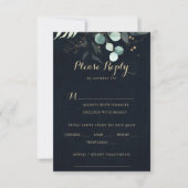 Rustic Gold Floral Wedding Blue Menu Keuze RSVP (Voorkant)