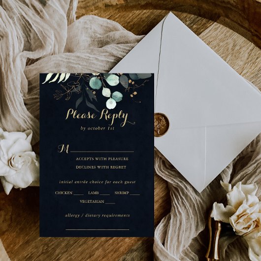 Rustic Gold Floral Wedding Blue Menu Keuze RSVP