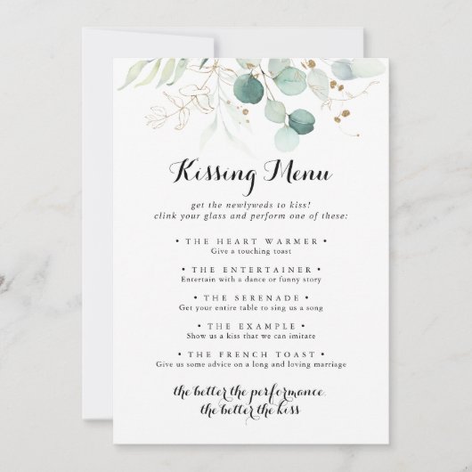 Rustic Gold Floral Wedding Kissing Menu Game Kaart (Voorkant)