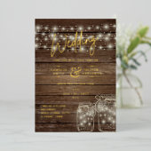Rustic GOLD FOIL Text Mason Jars Lights Wedding Folie Uitnodiging (Staand Voorkant)