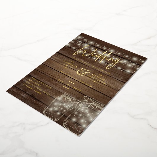 Rustic GOLD FOIL Text Mason Jars Lights Wedding Folie Uitnodiging (Gedraaid)