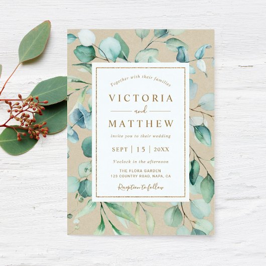 Rustic Gold Green Botanical Wedding Kaart