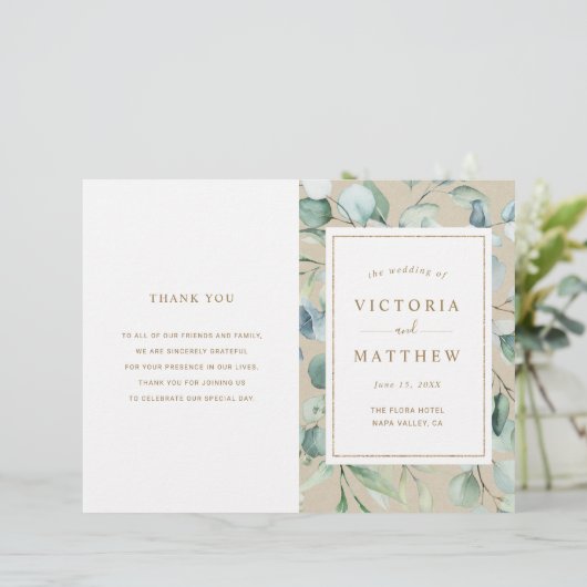 Rustic Gold Green Watercolor Programme de mariage (Debout devant)