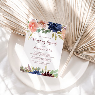 Rustic Gold Leaves en Floral Wedding Brunch Kaart