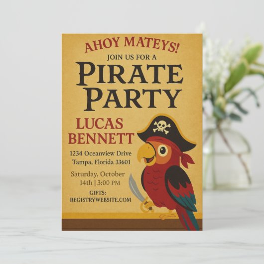 Rustic Gold Nautical Pirate Parrot Verjaardag Kaart (Staand voorkant)