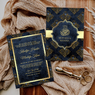Rustic Gold Navy Blue Damask Muslim Wedding Kaart
