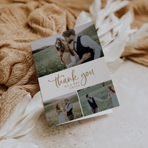 Rustic Gold Script 3 Foto collage vouwbruiloft Bedankkaart