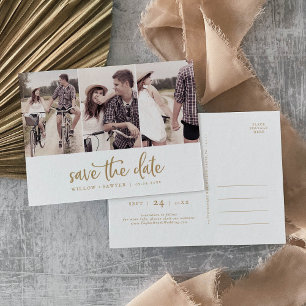 Rustic Gold Script 3 Foto slaat de datum op Uitnodiging Briefkaart