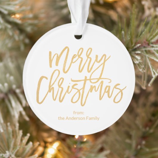 Rustic Gold Script Merry Kerstfamilie Foto Ornament (Boom)