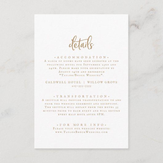 Rustic Gold Script Wedding Details Informatiekaartje (Voorkant)