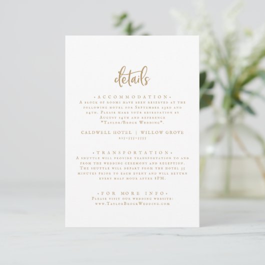 Rustic Gold Script Wedding Details Informatiekaartje (Staand voorkant)
