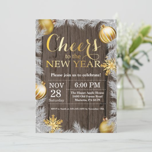 Rustic Gold - Uitnodiging voor nieuwjaarsfeest (Staand voorkant)