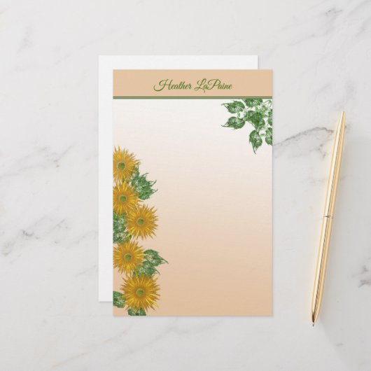 Rustic Golden Flowers, Greenery en Leafy Border Briefpapier (Voorkant / Achterkant in situ)