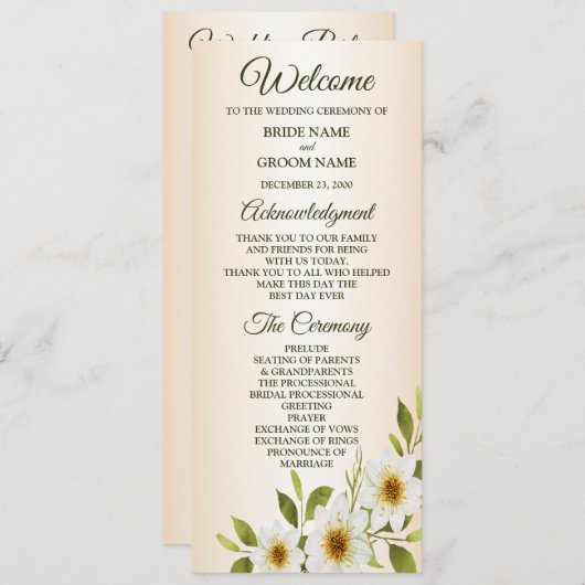 Rustic Golden Frame White Floral Peach Wedding Programma (Voorkant / Achterkant)