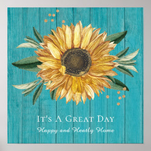 Rustic Golden Sunflower Blauwgroen Blue Barn Wood Poster