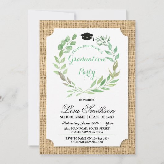 Rustic Graduation Party Burlap Leaf Wreath Invite Kaart (Voorkant)