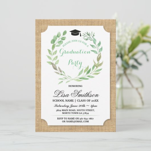 Rustic Graduation Party Burlap Leaf Wreath Invite Kaart (Staand voorkant)