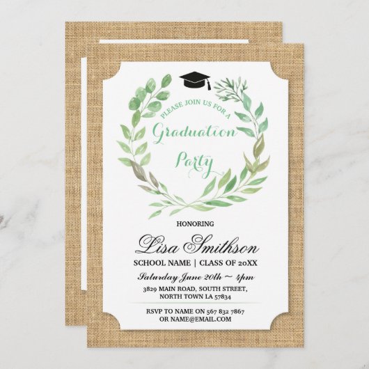 Rustic Graduation Party Burlap Leaf Wreath Invite Kaart (Voorkant / Achterkant)