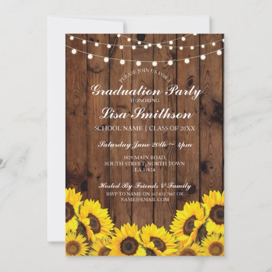 Rustic Graduation Party Sunflower Wood Invitation (Devant)