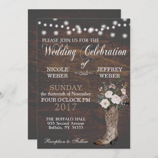 Rustic Grange Mariage Boot Boot Boot Invitation (Devant / Derrière)