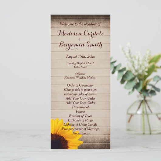Rustic Grange Wood Sunflower Programmes de mariage (Debout devant)
