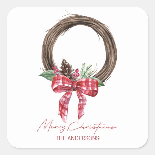 Rustic Grapevine Wreath Merry Kerstmis Vierkante Sticker (Voorkant)