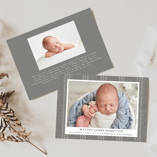 Rustic Gray Farmhouse Linen Stripes Foto Birth Aankondiging