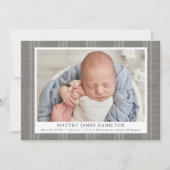Rustic Gray Farmhouse Linen Stripes Foto Birth Aankondiging (Voorkant)