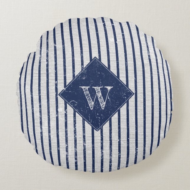 Rustic Gray Linen Navy Blue Stripes Monogram Rond Kussen (Voorkant)