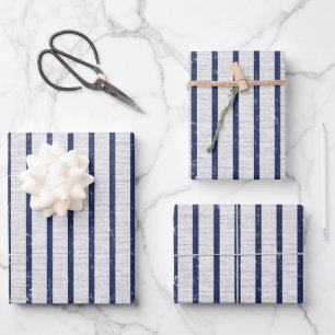 Rustic Gray Linen Navy Blue Stripes Pattern Inpakpapier Vel