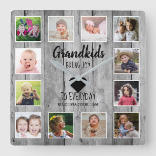 Rustic Gray Wood 12 Foto Collage Grandchildren Quo Vierkante Klok
