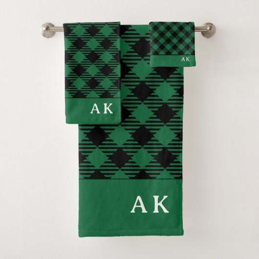 Rustic Green Black Buffalo Check Monogram Bad Handdoek (Insitu)
