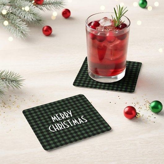 Rustic Green & Black Buffalo Plaid Vrolijk Kerstfe Vierkante Kartonnen Onderzetter