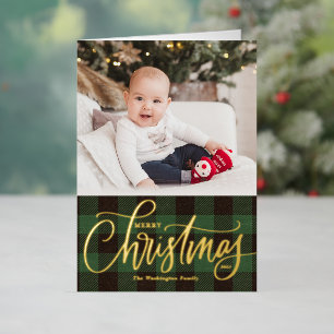 Rustic Green Buffalo Pset Merry-kerstfoto Folie Feestdagenkaart
