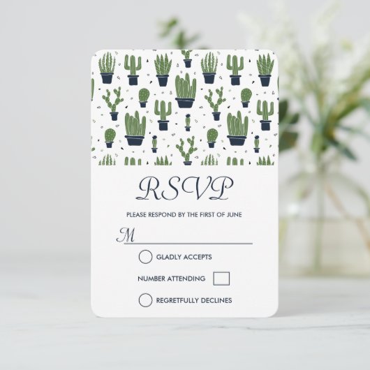 Rustic Green Cactus Pattern Wedding RSVP (Staand voorkant)