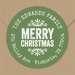 Rustic Green Christmas Circle Retourner l'adresse<br><div class="desc">Des autocollants d'adresse de retour imprimés et imprimés sur mesure et abordables, personnalisés avec votre nom de famille et votre adresse de retour. Ce design de vacances moderne et rustique présente des lettres MERRY CHRISTMAS en détresse sur un arrière - plan vert. Utilisez les outils de conception pour choisir n'importe...</div>