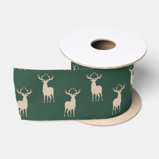 Rustic Green Christmas Reindeer Satin Ribbon Lint