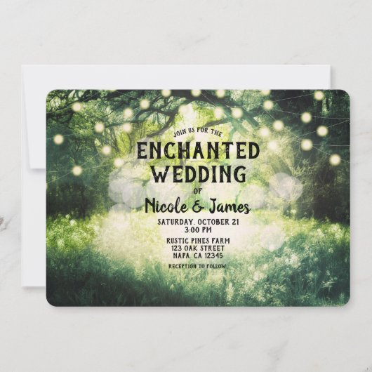 Rustic Green Enchanted Forest Lights Wedding Kaart (Voorkant)