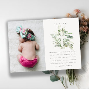 Rustic Green Eucalyptus Fauna Cross Foto Baptisme Bedankkaart