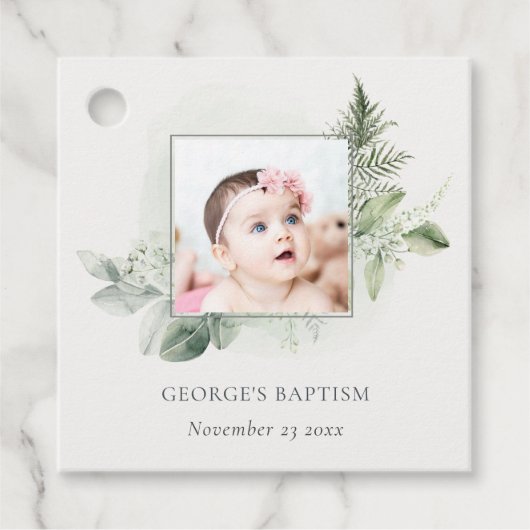 Rustic Green Eucalyptus Fern Foliage Foto Baptisme Bedankjes Labels (Voorkant)