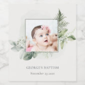 Rustic Green Eucalyptus Fern Foliage Foto Baptisme Wijn Etiket (Enkel label)