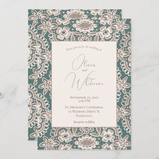 Rustic Green Faux Lace Mariage Invitations (Devant / Derrière)