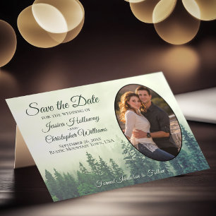 Rustic Green Forest met Oval Photo Wedding Save The Date