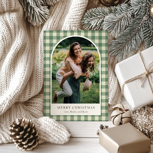 Rustic Green Gingham Arch Foto Moderne Kerst Feestdagenkaart