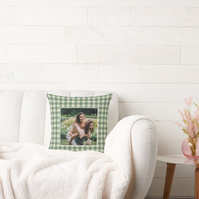 Rustic Green Gingham Foto Moderne Kerstmis Kussen (Bank)
