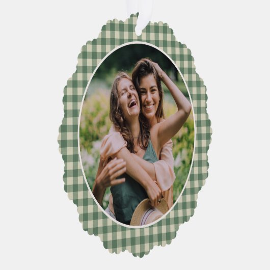 Rustic Green Gingham Foto Moderne Kerstmis Ornament Kaart (Rechts)