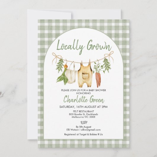 Rustic Green Gingham Locally Grown Baby Shower Kaart (Voorkant)