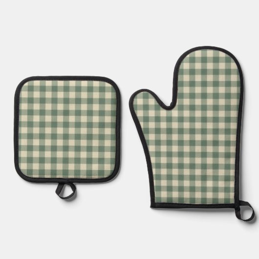 Rustic Green Gingham Modern Kerstmis Ovenwant & Pannenlap Set (Voorkant)
